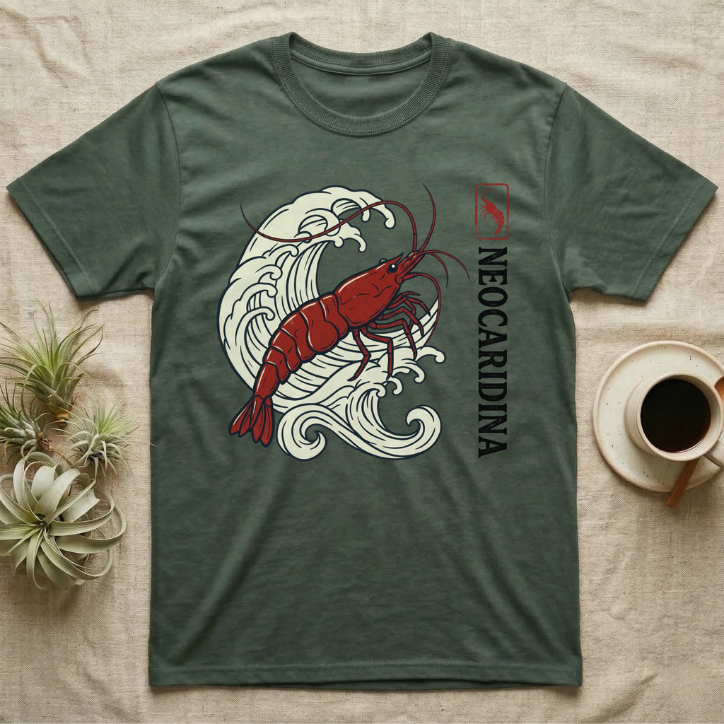 Green t-shirt featuring a red shrimp with waves and "Neocaridina" text.