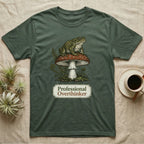 T-shirt with a toad sitting on a mushroom and the text "Professional Overthinker".