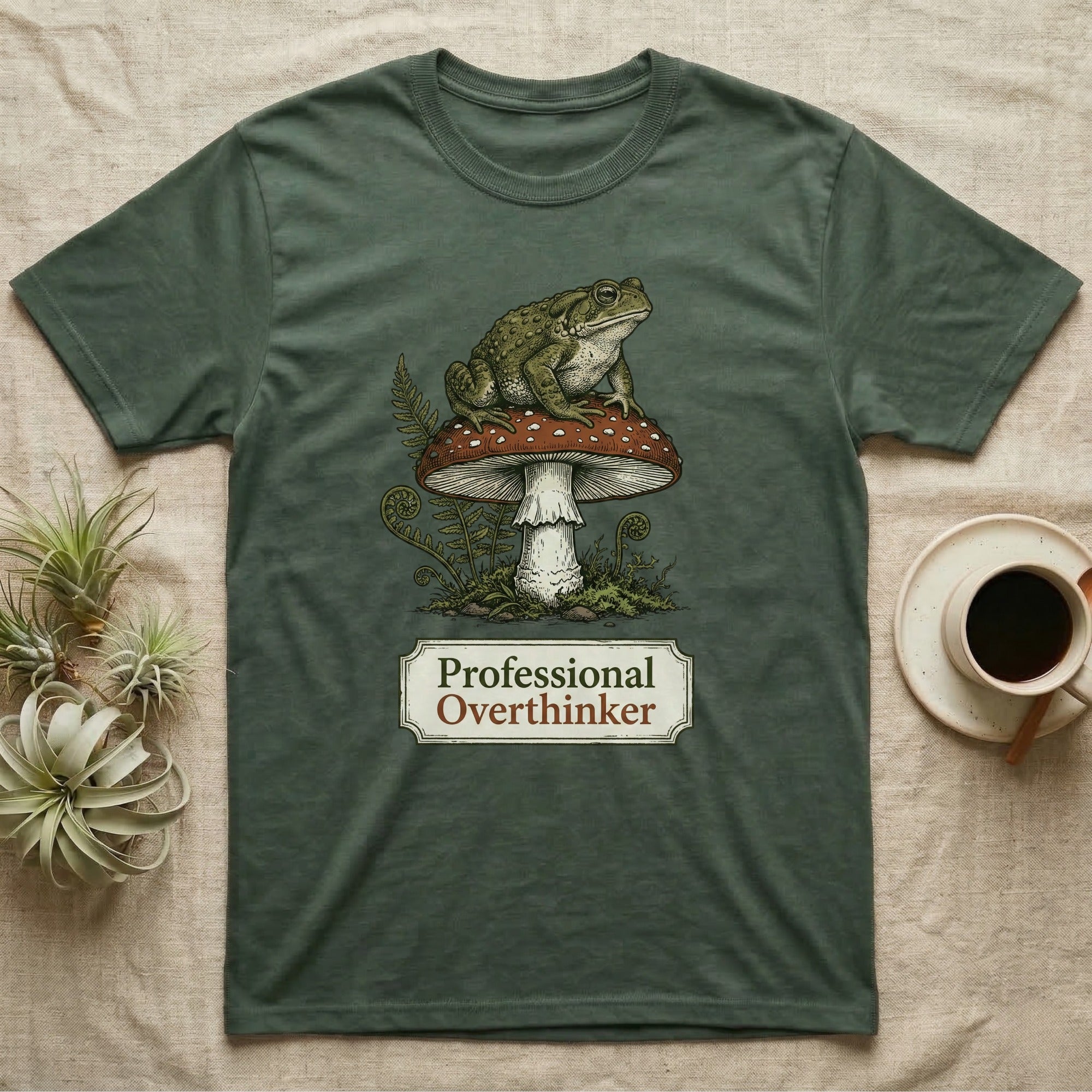 T-shirt with a toad sitting on a mushroom and the text "Professional Overthinker".