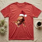 Vintage comic illustration of a bearded dragon wearing a red and white Santa hat, graphic-only, no text. — shown on a Heather Red tee.