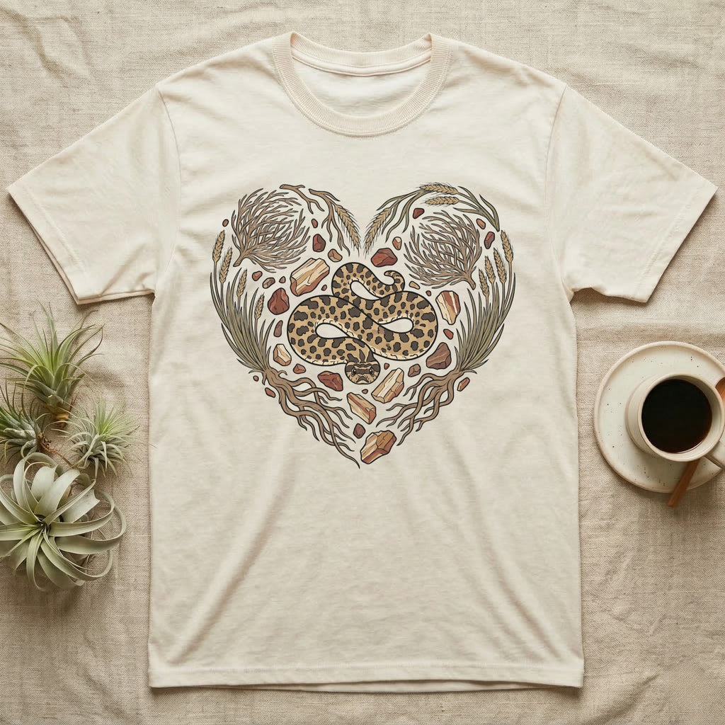 Cream t-shirt with a heart-shaped design of a rattlesnake and natural elements.