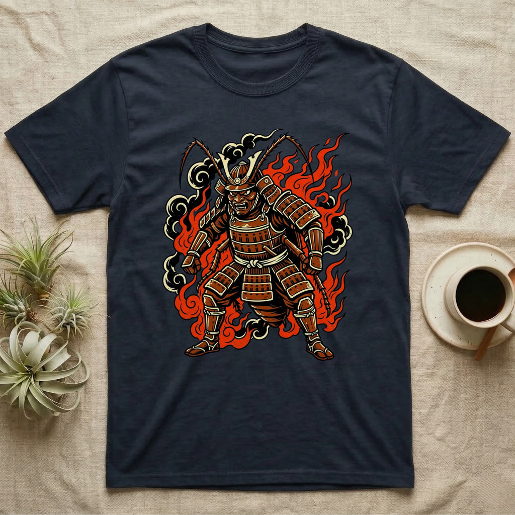 Dark t-shirt with samurai insect illustration and red flames.