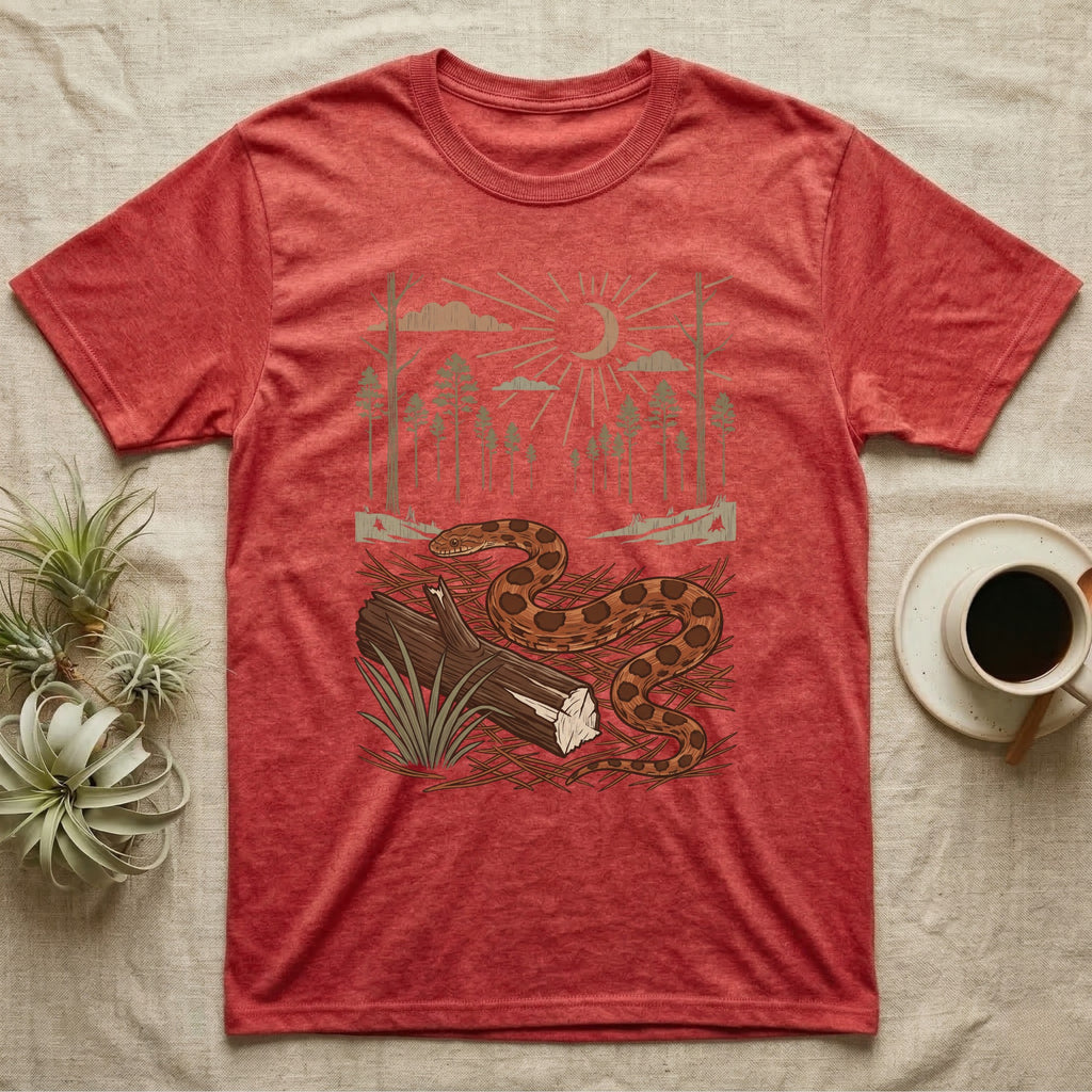 Corn Snake Home Range T-Shirt in Heather Red — Woodcut-style illustration of a corn snake winding across pine straw beside a split log with pine trees behind, no on-shirt text.