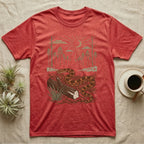 Corn Snake Home Range T-Shirt in Heather Red — Woodcut-style illustration of a corn snake winding across pine straw beside a split log with pine trees behind, no on-shirt text.