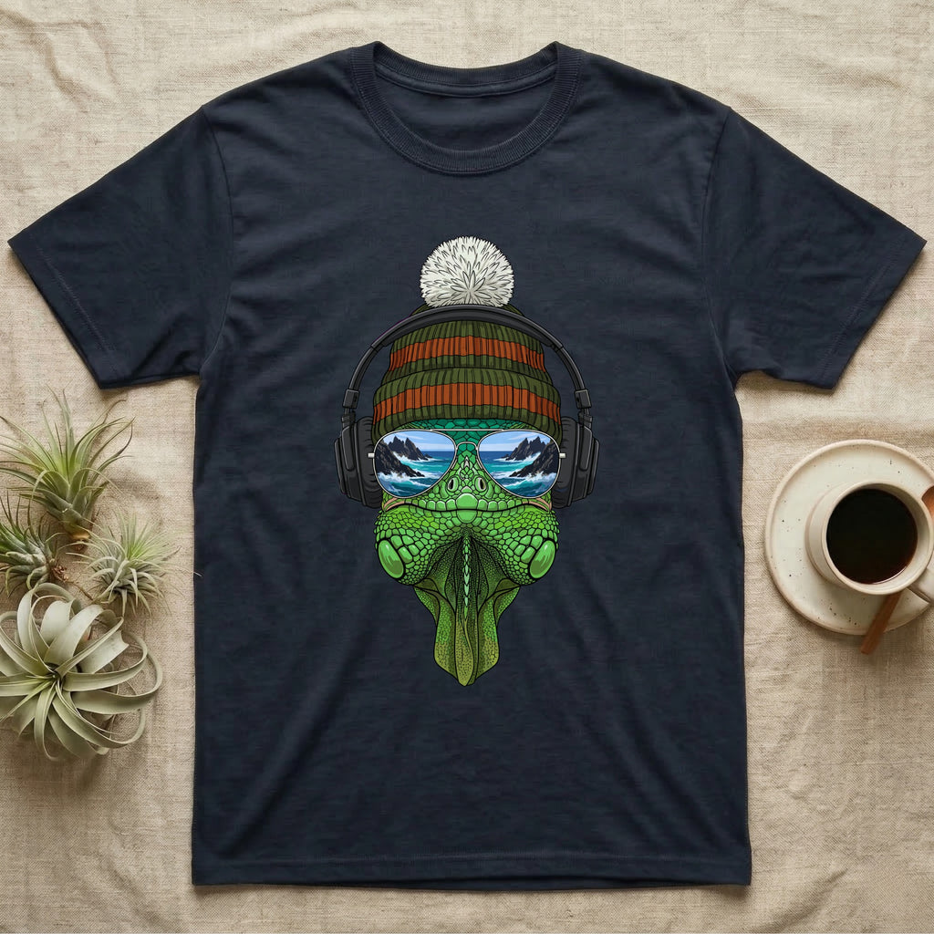 Dark t-shirt with a cartoon iguana wearing headphones and a beanie.