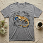 Grey t-shirt with illustrated bearded dragon and blue tongue among bamboo.