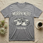Pied Ball Python Morph T-Shirt in Sport Grey — Grunge type "Morph Nerd" with a small pied-morph ball python coiled mid-design and "Pied Edition" caption beneath.
