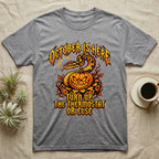 Ball Python October Thermostat T-Shirt in Sport Grey — Metal-band style ball python coiled over a glowing jack-o'-lantern, "October Is Here, Turn Up the Thermostat Or Else."
