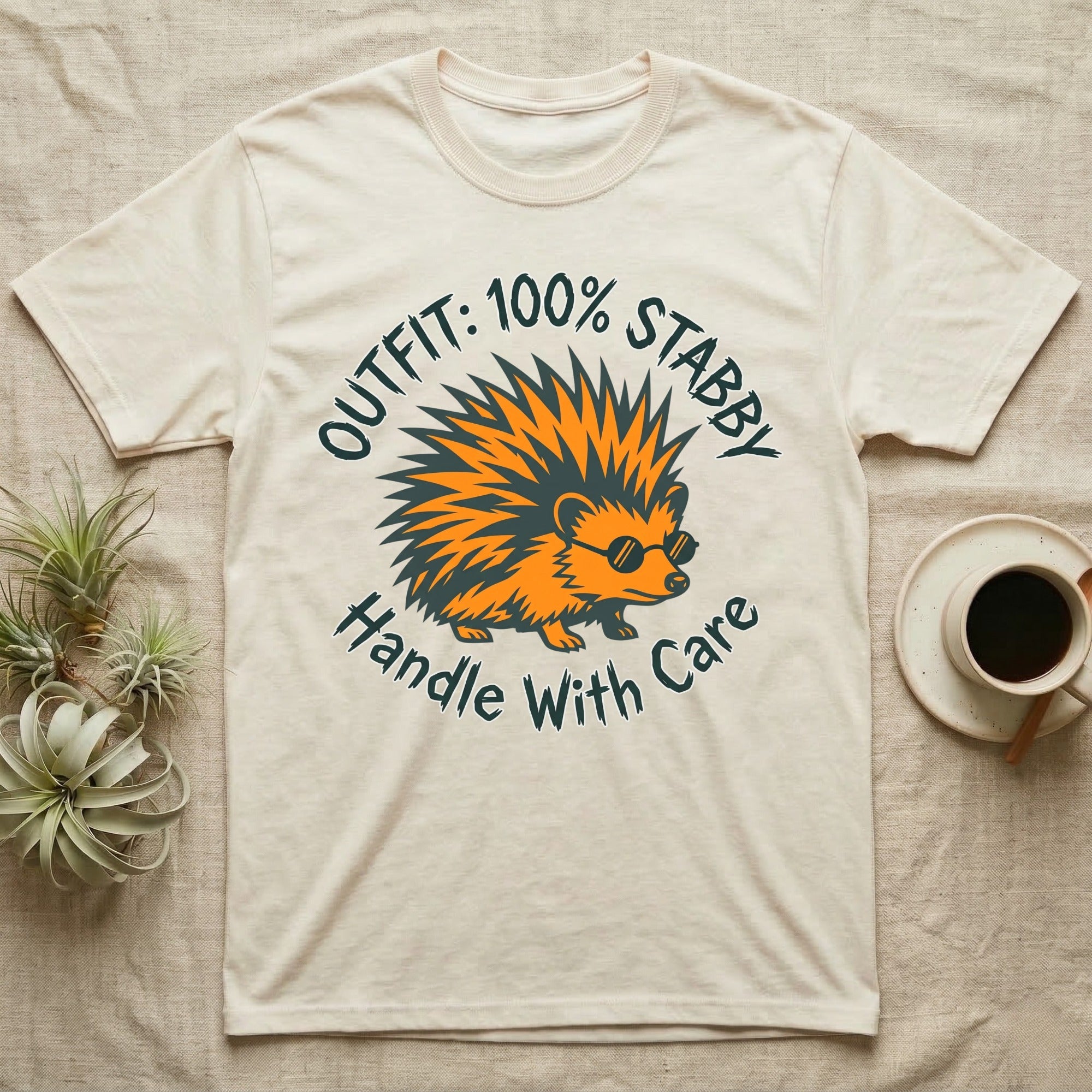 Cream t-shirt with spiky hedgehog wearing sunglasses and "Outfit: 100% Stabby. Handle With Care."