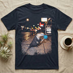 Blue Tongue Skink Detective T-Shirt in Navy — Blue-tongued skink in a pinstripe suit and fedora holding a blue lollipop on a neon-lit rainy street.