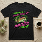 Black t-shirt with neon green and pink graphic of a hamster in a wheel.