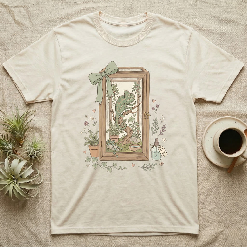 Cream t-shirt with framed illustration of a chameleon in a terrarium.