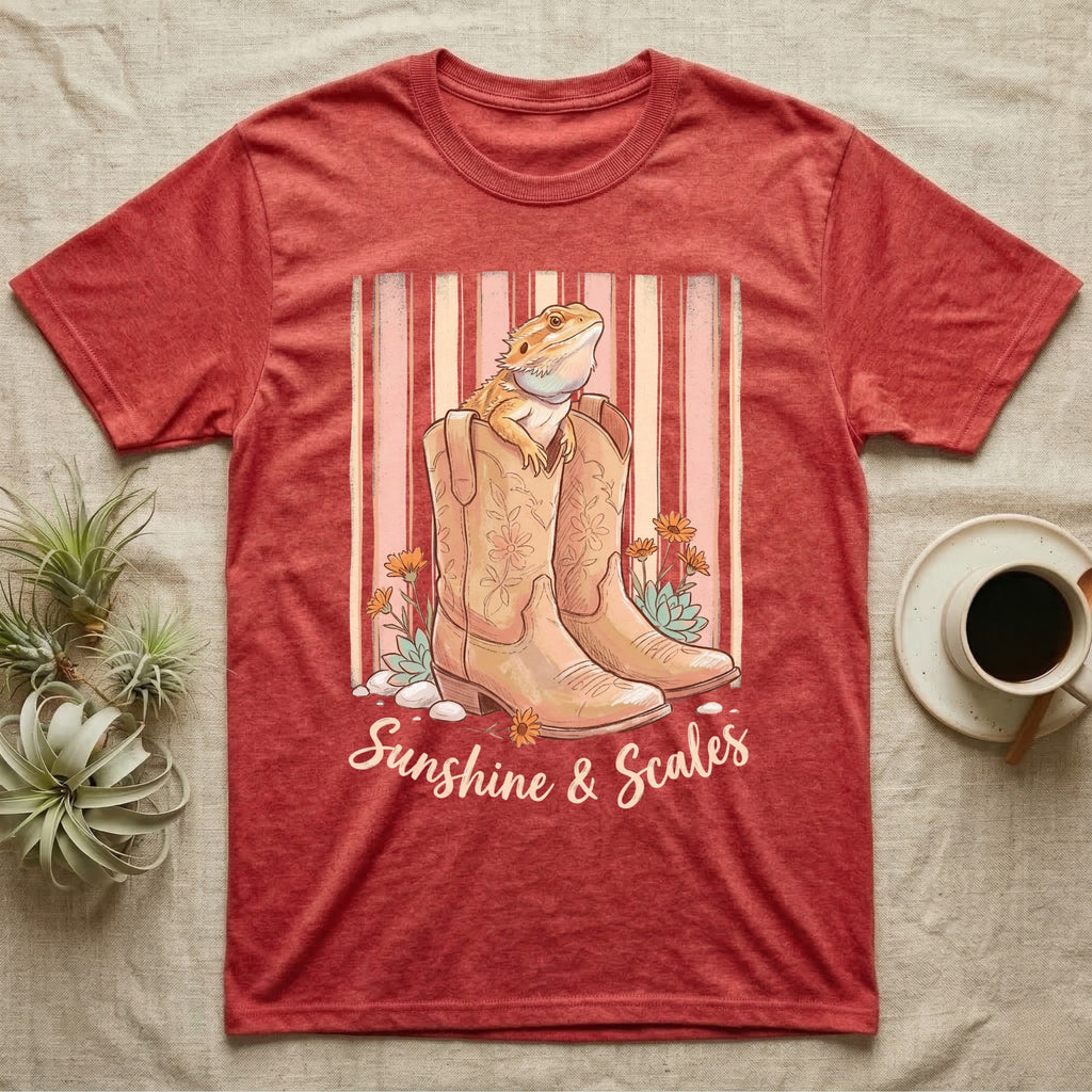 Red heather t-shirt with boots, lizard, and text "Sunshine & Scales".