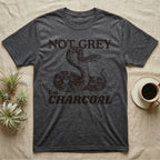 Charcoal Corn Snake T-Shirt in Dark Heather — Engraved grey corn snake reared back in an S-curve under dark lettering reading NOT GREY, I'm CHARCOAL
