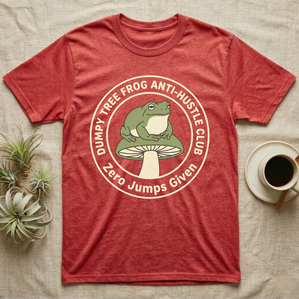 Red t-shirt with a frog on a mushroom and text "Dumpy Tree Frog Anti-Hustle Club Zero Jumps Given".