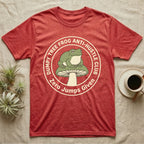 Red t-shirt with a frog on a mushroom and text "Dumpy Tree Frog Anti-Hustle Club Zero Jumps Given".