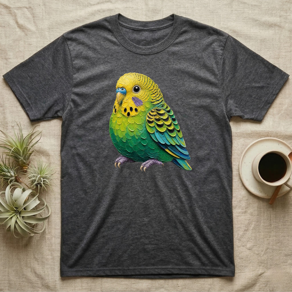 Dark gray t-shirt featuring a colorful green and yellow budgie illustration.