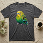 Dark gray t-shirt featuring a colorful green and yellow budgie illustration.