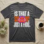 Frog Jack-O'-Lantern Illusion T-Shirt in Dark Heather — Typographic graphic of an orange frog doubling as a jack-o'-lantern, "Is That a Pumpkin? Or Just a Frog."