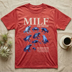 Blue Poison Dart Frog T-Shirt in Heather Red — Eight blue poison dart frogs in a cut-out photo collage beneath the huge cream word MILF on grey.