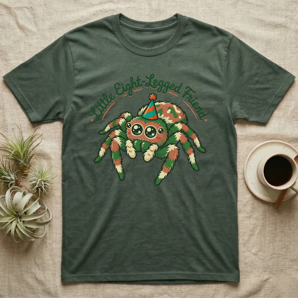 Green t-shirt with a cartoon spider wearing a party hat, "Little Eight Legged Friend" text.