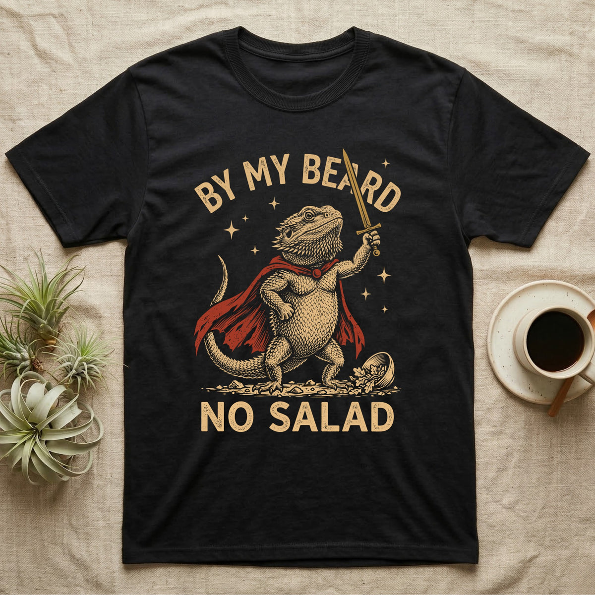 Bearded Dragon Knight T-Shirt in Black — Scratchboard bearded dragon knight with red cape and gold sword by a tipped salad bowl, lettered BY MY BEARD NO SALAD