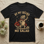 Bearded Dragon Knight T-Shirt in Black — Scratchboard bearded dragon knight with red cape and gold sword by a tipped salad bowl, lettered BY MY BEARD NO SALAD
