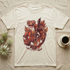 Satanic Leaf-Tailed Gecko Autumn T-Shirt in Natural — Painted illustration of a satanic leaf-tailed gecko gripping a bare stem among dried autumn leaves in rust and amber, no on-shirt text.