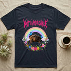 Snapping Turtle Hatchling T-Shirt in Navy — Cute baby snapping turtle in a pastel rainbow and flower wreath under a hot pink metal logo reading NOT HANDLEABLE