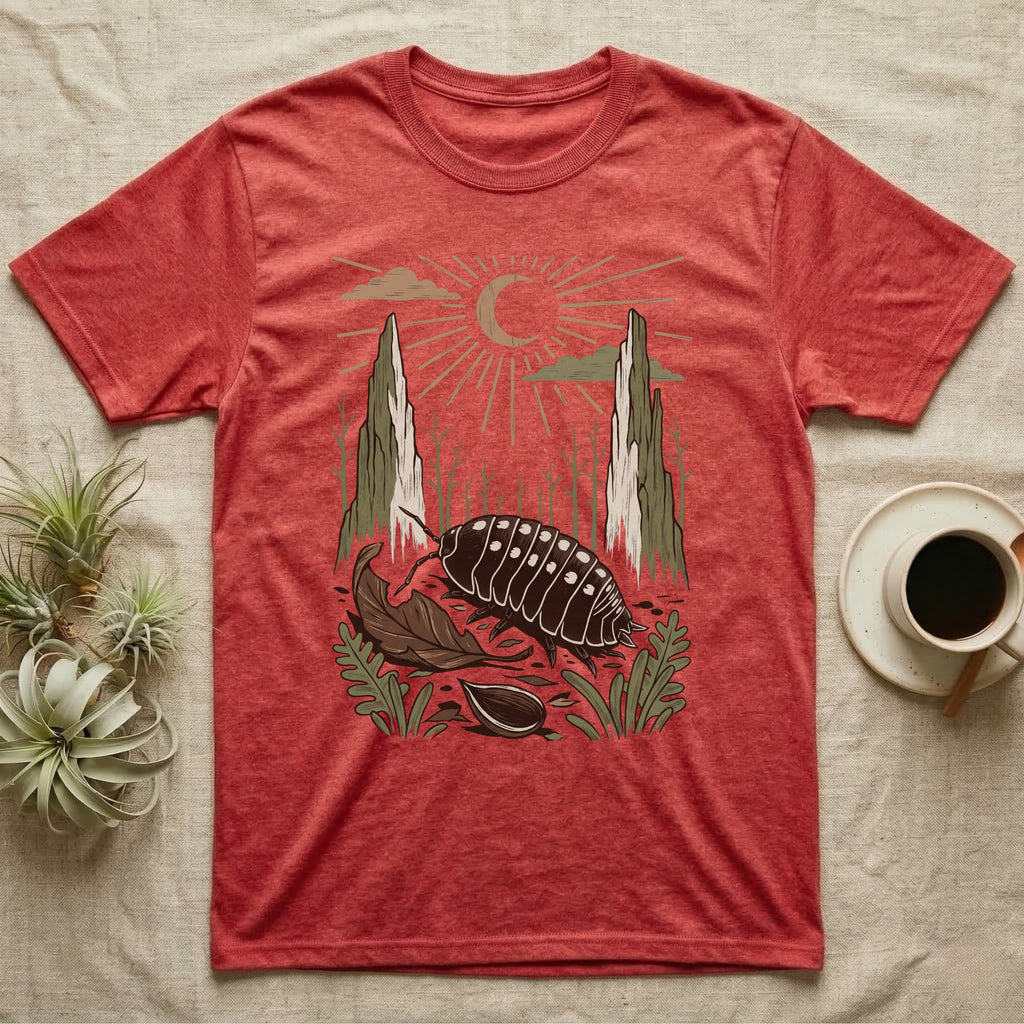Cubaris Isopod Home Range T-Shirt in Heather Red — Woodcut-style illustration of a Cubaris isopod walking across leaf litter with cypress knees and saplings behind, no on-shirt text.