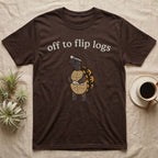 Box Turtle Herping T-Shirt in Dark Chocolate — Minimal doodle of an eastern box turtle standing upright in a headlamp holding a flashlight, under the words off to flip logs