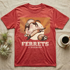 Three Ferret Moon Tee in Heather Red — Retro-illustration of three ferrets in war-dance, stretch, and sleeping-coil poses around a stratified halftone full moon.