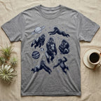 T-shirt with multiple gorillas in space, planets, and stars.