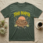 Hognose Toad Reaper T-Shirt in Military Green — Realistic western hognose coiled in a loaf between two cartoon toads under jagged yellow lettering: TOAD REAPER