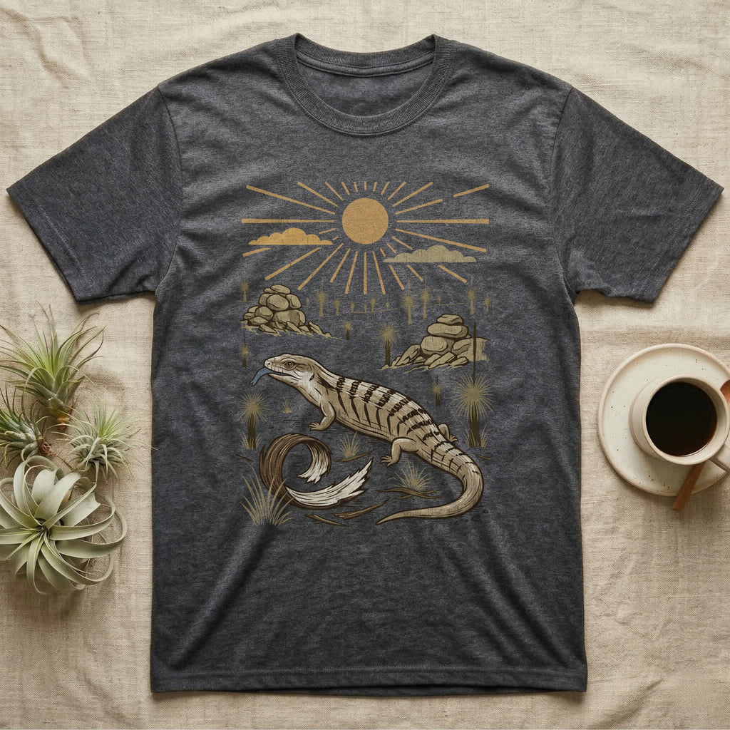 Blue-Tongued Skink Home Range T-Shirt in Dark Heather — Woodcut-style illustration of a blue-tongued skink walking across bare soil with its tongue out, shed skin and grass trees behind, no on-shirt text.