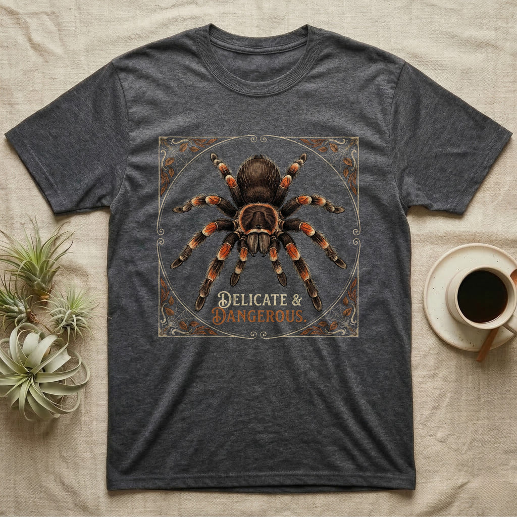 Dark grey t-shirt featuring a tarantula illustration with text "DELICATE & DANGEROUS."