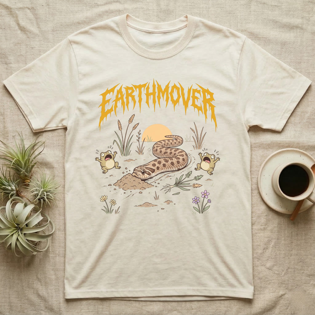 Western Hognose Earthmover T-Shirt in Natural — Western hognose snake bulldozing a mound of dirt as two frogs scream, under dripping EARTHMOVER lettering with a low sun and wildflowers.