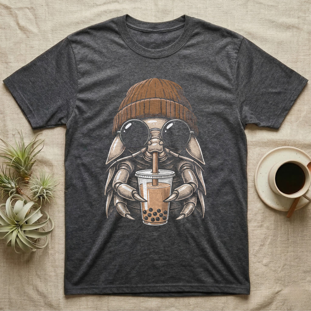 Isopod Boba Tea T-Shirt in Dark Heather — Cross-hatch engraving of an isopod in a beanie and round glasses holding boba milk tea.