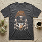 Isopod Boba Tea T-Shirt in Dark Heather — Cross-hatch engraving of an isopod in a beanie and round glasses holding boba milk tea.