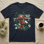 Illustration of a crested gecko hanging tongue-out over a rail among ivy leaves, bold distressed lettering reading Crested Rebel. — shown on a Navy tee.