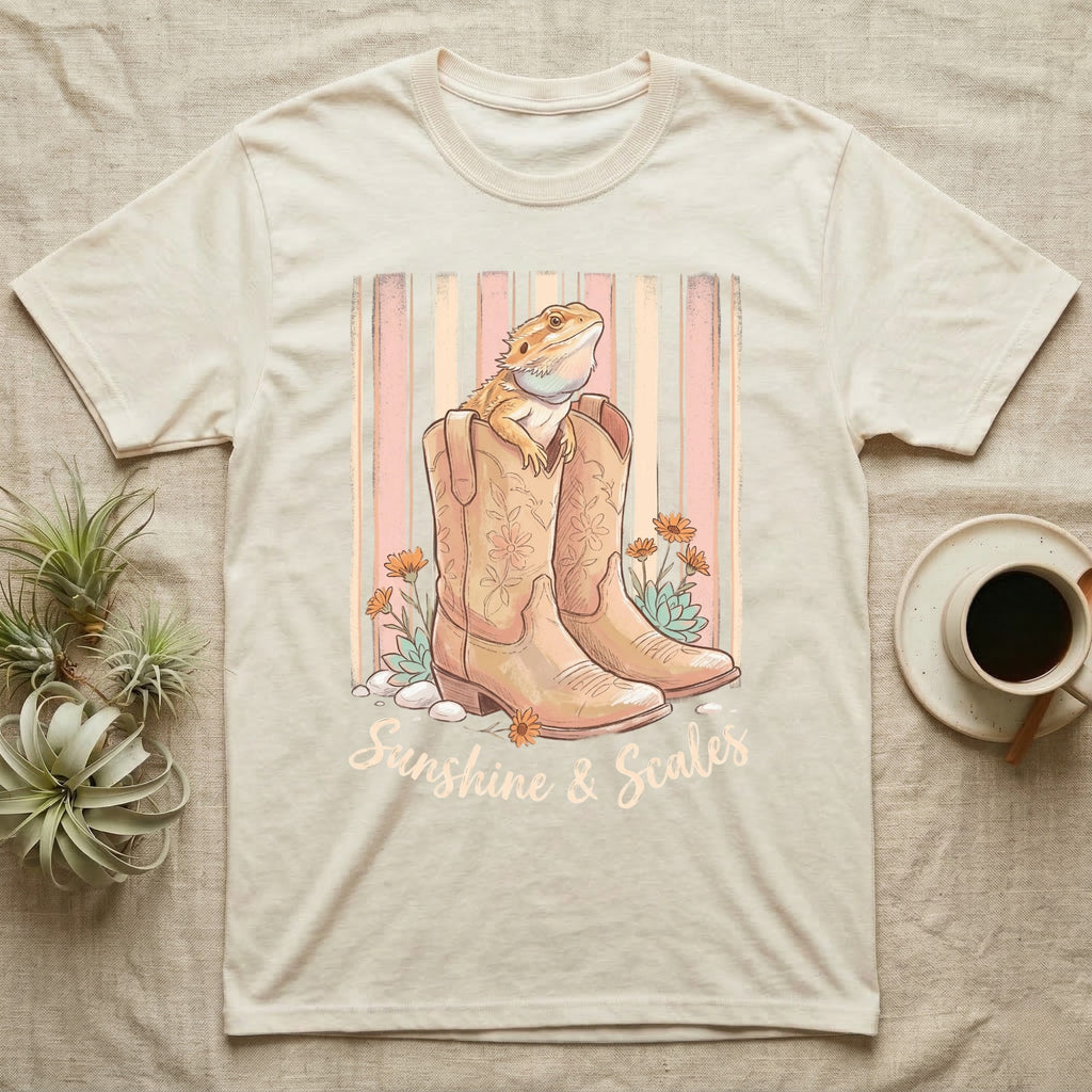 Bearded dragon on cowboy boots with text "Sunshine & Scales"