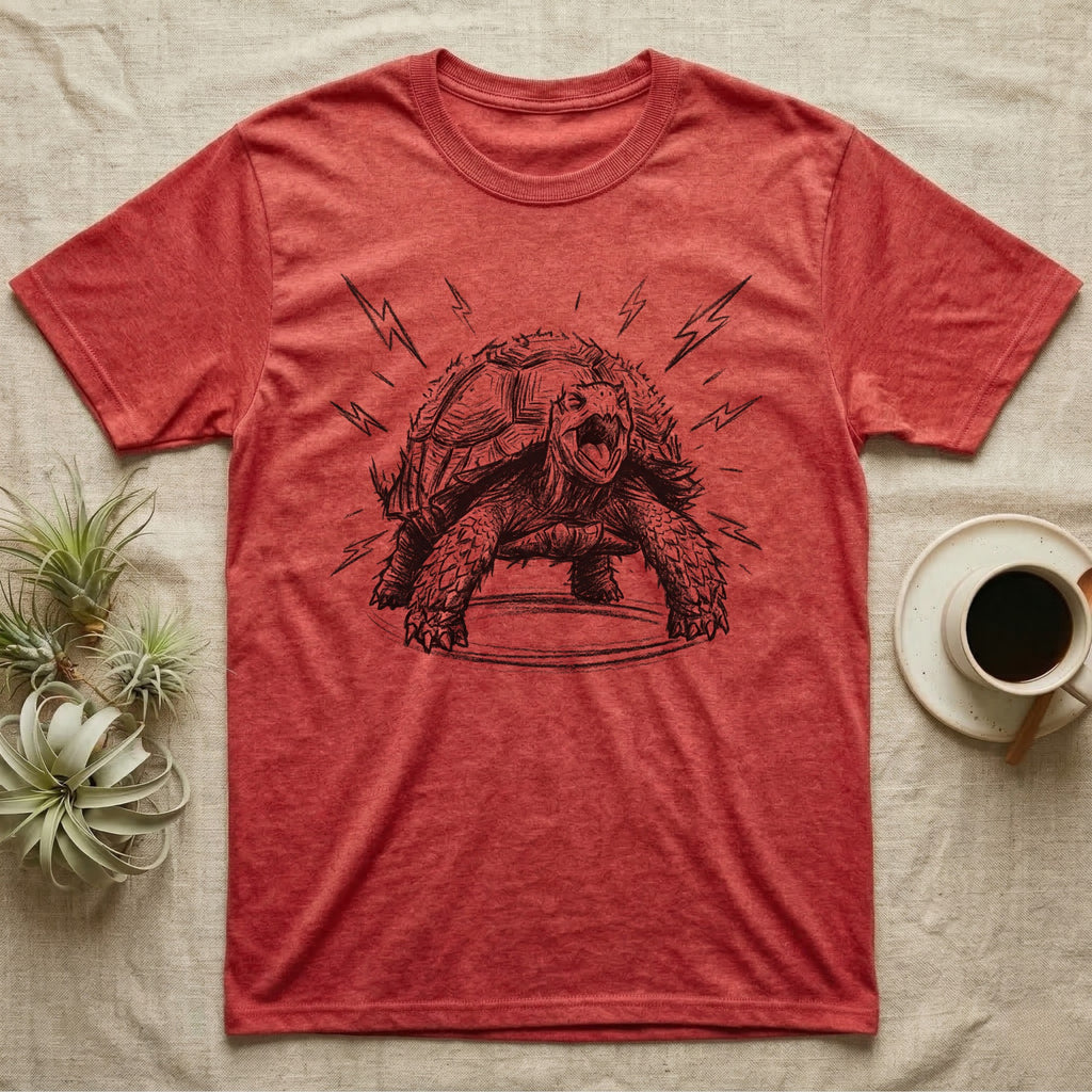 Sulcata Tortoise Charcoal Grit T-Shirt in Heather Red — Sulcata tortoise drawn head-on in scribbled charcoal grit, legs braced wide, zigzag bolts thrown out around it.