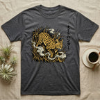 Dark gray t-shirt with a graphic of a spotted cat amidst grass and smoke, featuring Japanese text.