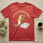 Leopard Gecko Candling T-Shirt in Heather Red — Leopard gecko holding a torch under a glowing orange egg beside a tub of eggs, under the words off to CANDLE eggs
