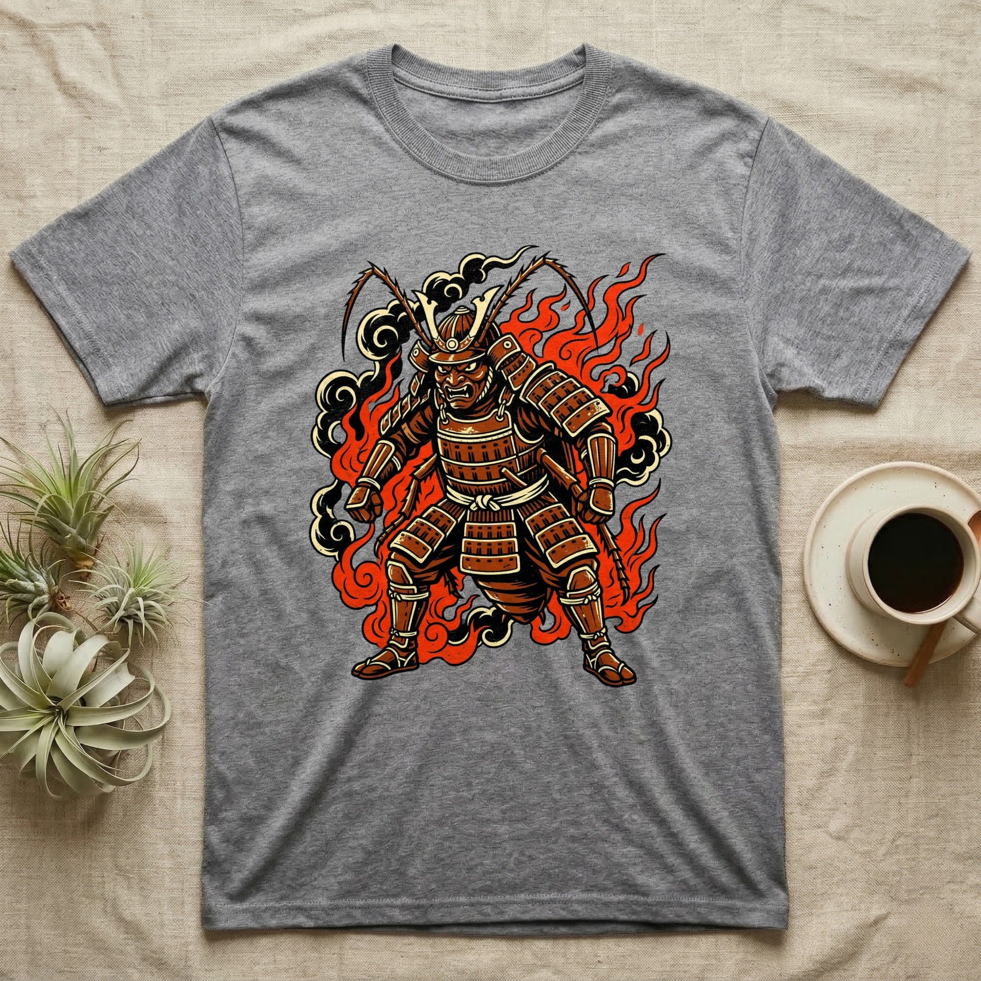 Samurai cockroach in armor with flames and smoke, on a grey t-shirt.