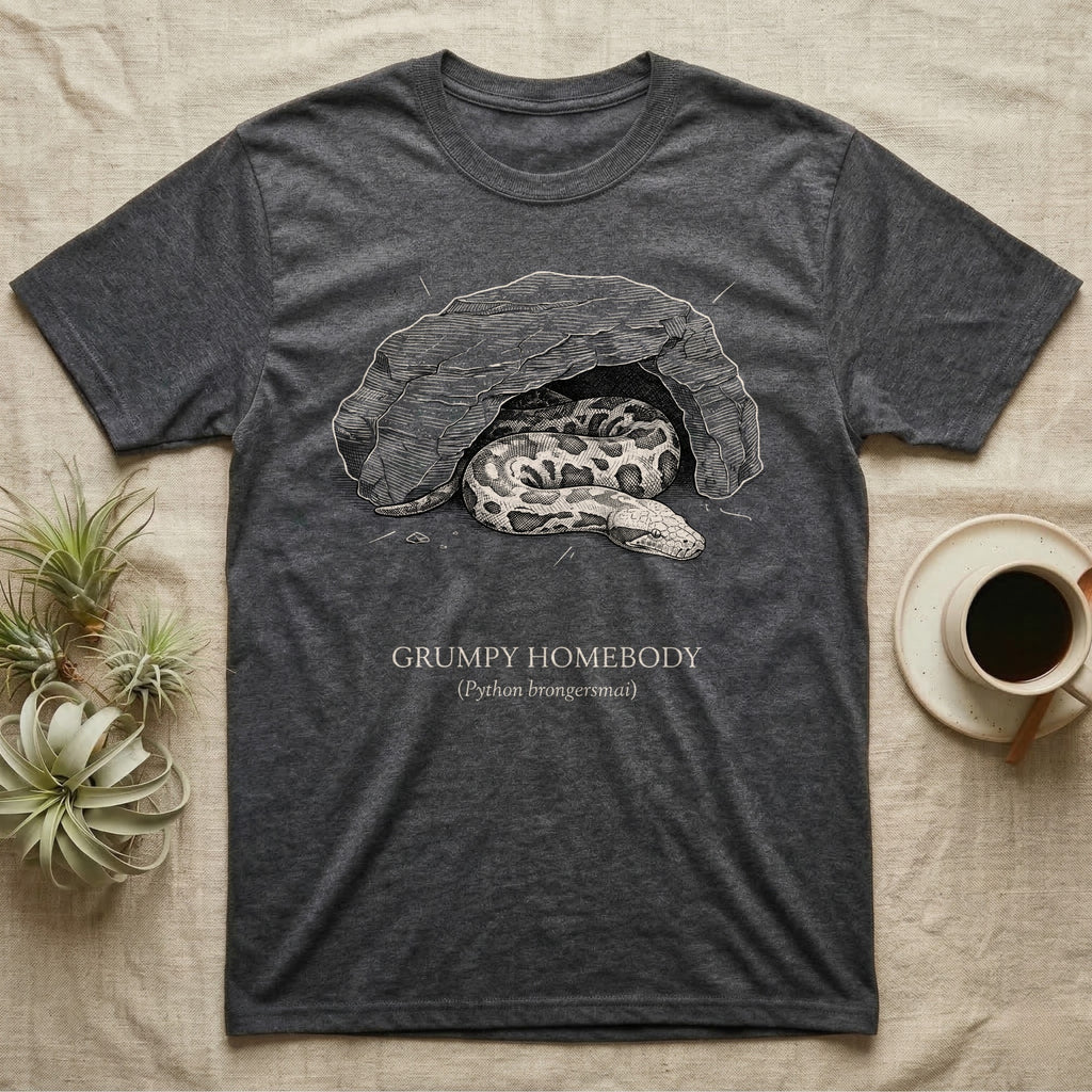 Blood Python Grumpy Homebody T-Shirt in Dark Heather — Naturalist ink engraving of a blood python resting in a rock cave, captioned "Grumpy Homebody, Python brongersmai".