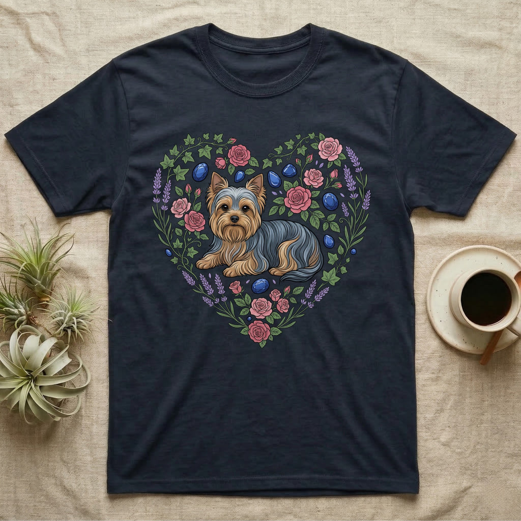 Dark t-shirt with a Yorkshire terrier illustration surrounded by flowers and berries.