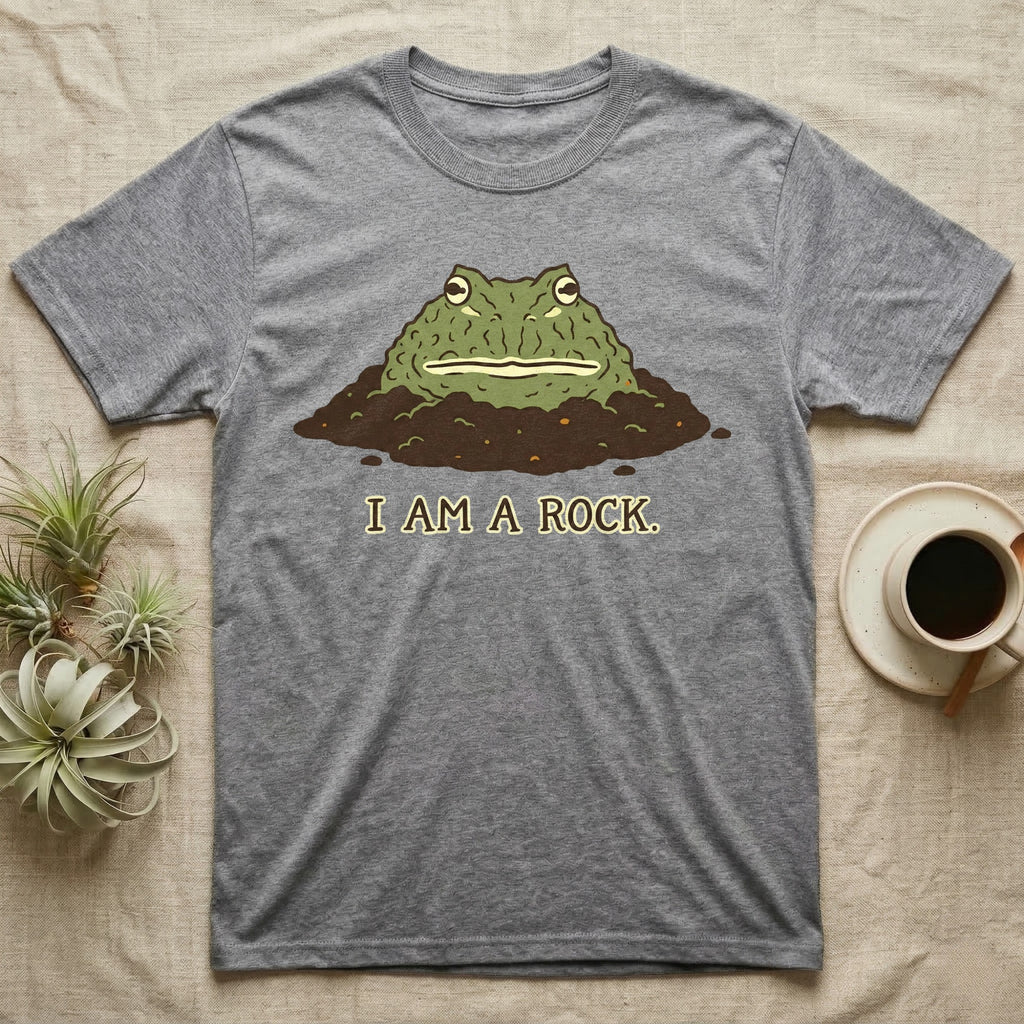 Gray t-shirt with cartoon frog emerging from dirt, text "I AM A ROCK."