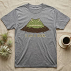 Gray t-shirt with cartoon frog emerging from dirt, text "I AM A ROCK."