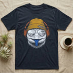 Blue-Tongued Skink Headphones T-Shirt in Navy — Engraved blue-tongued skink with cobalt tongue out, wearing a beanie and headphones, aviators reflecting the outback.